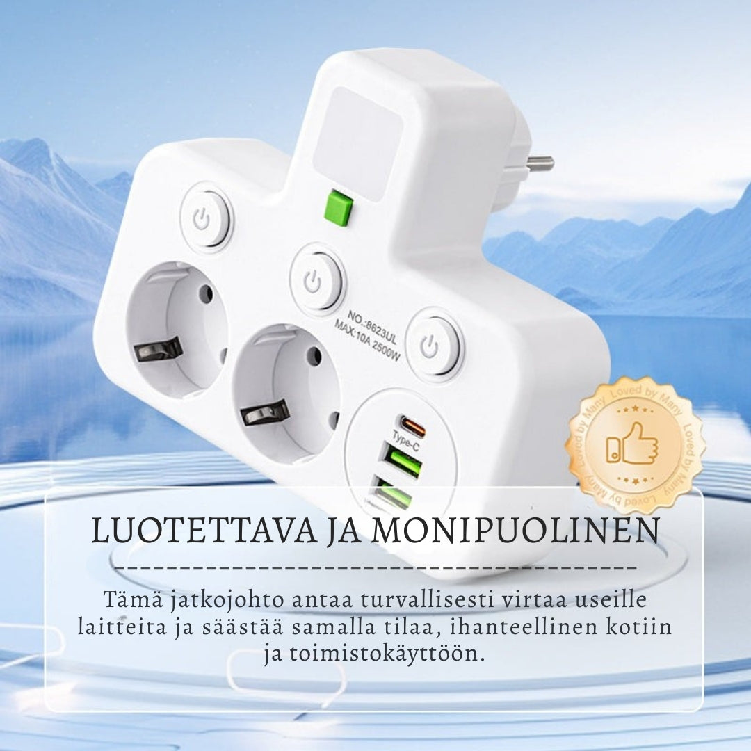 VirtaKoti – Kompakti jatkopistorasia USB-porteilla ja yövalolla