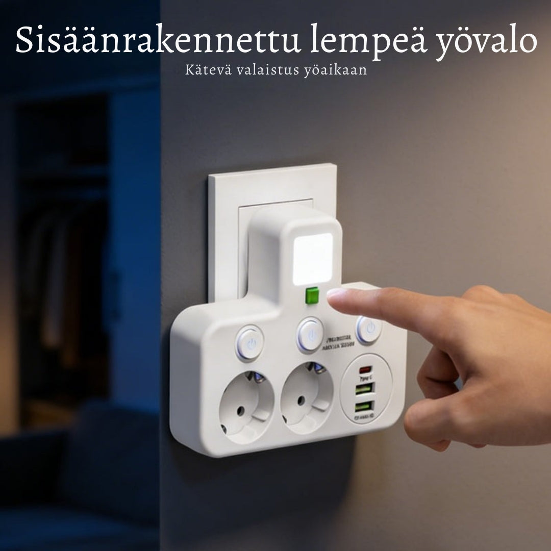 VirtaKoti – Kompakti jatkopistorasia USB-porteilla ja yövalolla