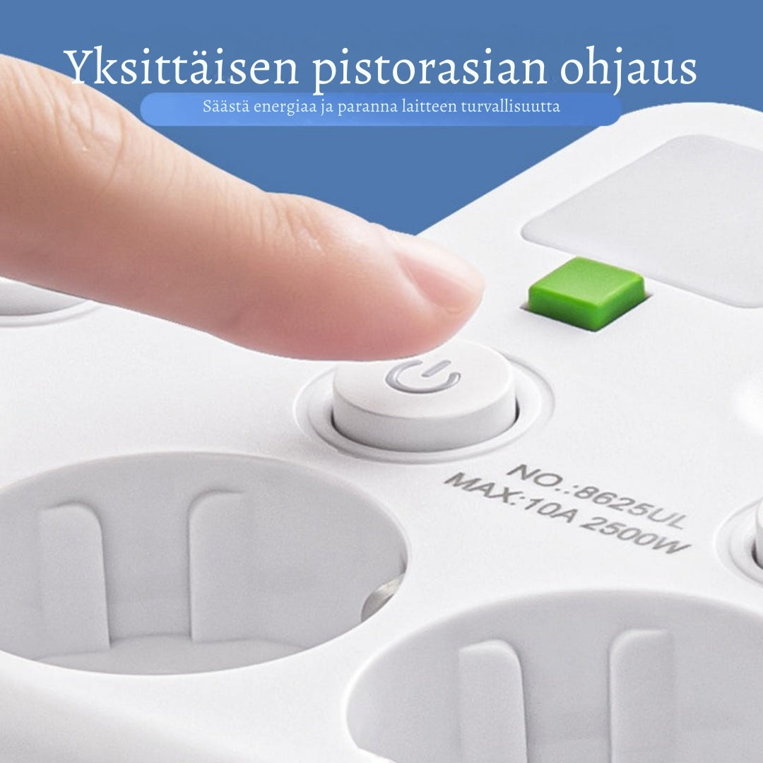 VirtaKoti – Kompakti jatkopistorasia USB-porteilla ja yövalolla